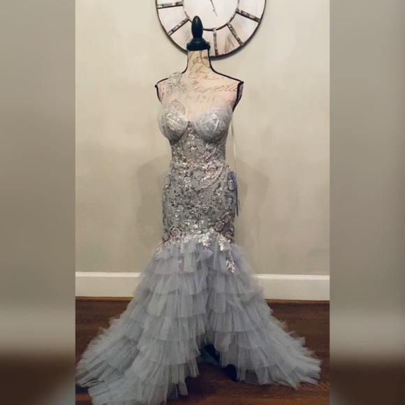 Sage green mermaid ruffle prom dress formal gown or nontraditional wedding dress